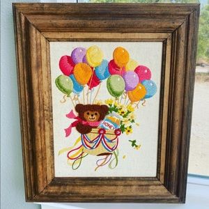 Vintage Crewel embroidery honey bear ballon nursery child room hanging